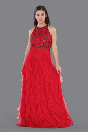 Red Semi Embellished Ruffle Dress with Black Bead Work Embroidery - Customize it Now