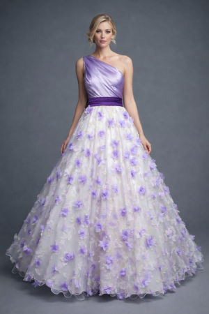 One shoulder ball gown in white with purple Bodice and Lasercut flowers