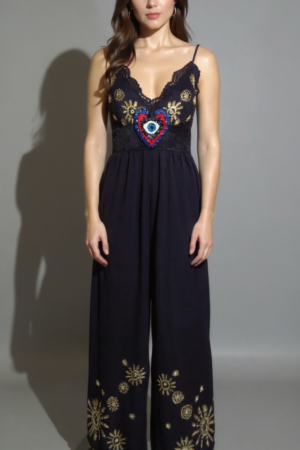 Hand Embroidered Black Jumpsuit with Body Straps