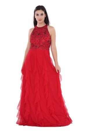 Red Semi Embellished Ruffle Dress with Black Bead Work Embroidery - Customize it Now