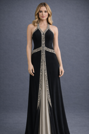 Black Halter Neck Evening Gown with Crystal Embellished Waist & Contrast Panel
