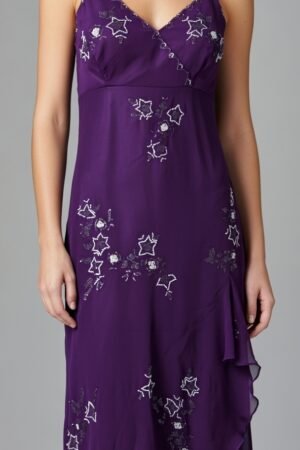 Purple Embroidered Chiffon Midi Dress with Spaghetti Straps